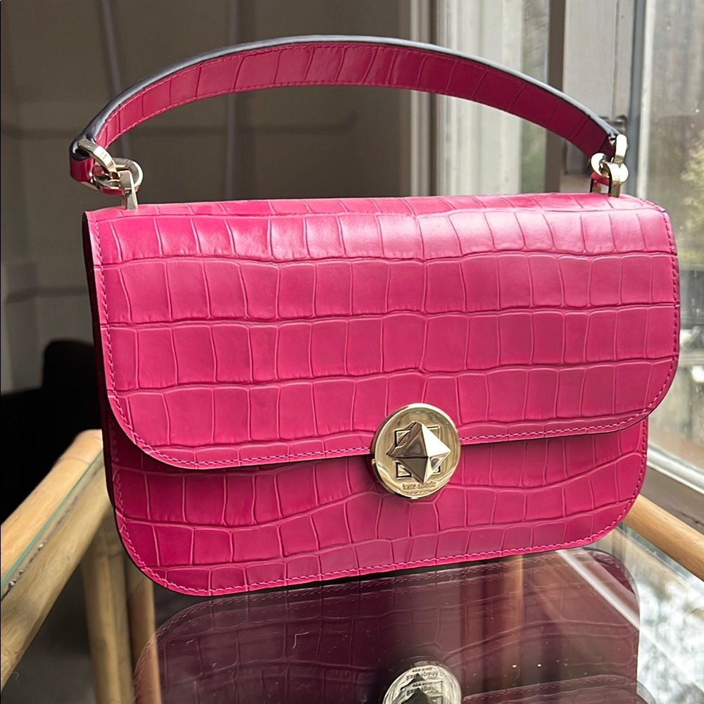 Kate Spade Audrey Croc Embossed Pink Leather Flap Crossbody Bag